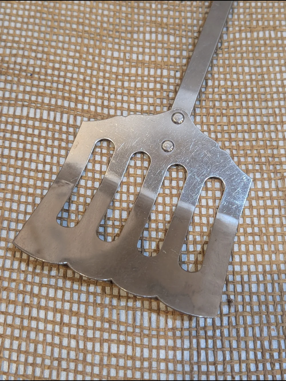 Vintage Stanhome Slotted Metal Turner with Marbled Brown Handle